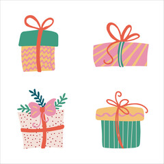 Set of Christmas gifts. Festive trendy decorative gift boxes. Hand drawn modern vector isolated clipart