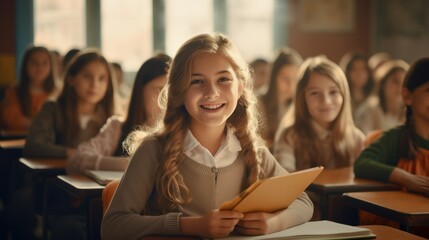 Obraz premium Happy children study in the classroom. A group of kids learn at school. Learning and education concept.