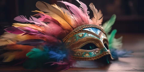 Gordijnen Concept of a joyful, joyous carnival including a trumpet mask. Carnival costume. Generative Ai. © Planum
