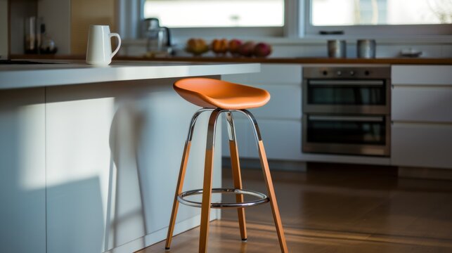 Close Up Modern Bar Stool And Kitchen Island.