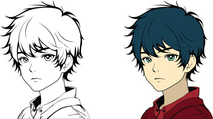 Cartoon boy with tinted hair in japanese clothes. Hand drawn vector illustration. Contour picture for avatar, coloring book, mobile games etc. © Lochana