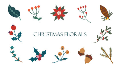 Set of Christmas florals. Festive bright decorative leaves, flowers and branches. Hand drawn modern vector isolated clipart