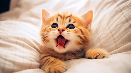 Defocused cute ginger bengal kitten lying on bed and yawning. 