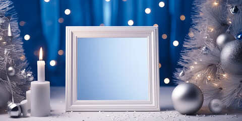 New Year and Christmas holidays blue mockup. Empty frame, candles, silver shiny decoration with copy space. Xmas celebration template. Generative ai