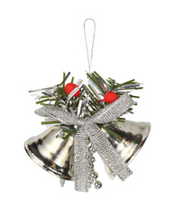 Silver Christmas decoration with bell and ribbon bow isolated on white or transparent background