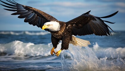 Obraz premium bald eagle flying on sea searching for fish