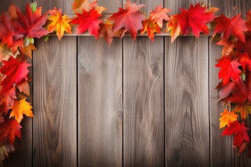 Rural autumn wooden background with a colorful leaf frame on a wooden wall.