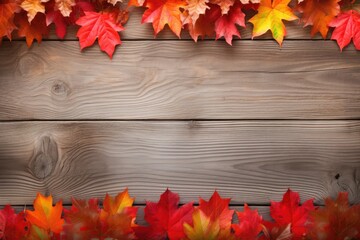 Naklejka na ściany i meble Rural autumn wooden background with a colorful leaf frame on a wooden wall.