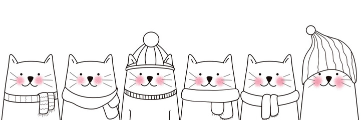 Draw funny with cats for christmas and winter vector illustration character collection funny cats for Christmas and New year. Doodle cartoon style.