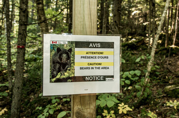 Warning sign telling hikers to be Bear Aware in La Mauricie National Park Quebec, Canada on a beautiful day - 638805284