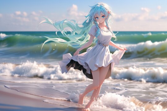 Anime girl on the beach with long flowing hair 3d render generative ai