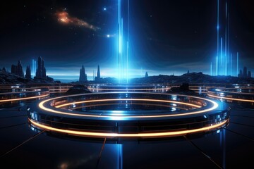 Abstract technology hud interface hologram elements neon lights, circle percent vitality innovation on hi tech future design. Generative AI