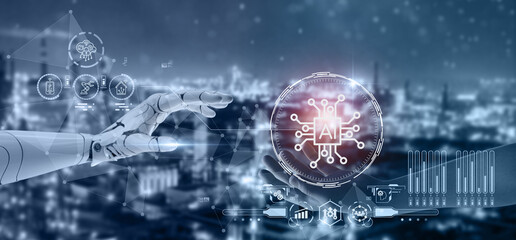 Artificial Intelligence (AI) in industry concept. AI technology adoption. Digital and technology transformation in business and industry. 3D rendering AI robot and human hand on digital background.