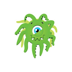 Funny green monster. Cartoon illustration of a crazy smiling one-eyed monster with tentacles isolated on a white background. Vector 10 EPS.