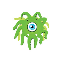 Funny green monster. Cartoon illustration of a doubting one-eyed monster with tentacles isolated on a white background. Vector 10 EPS.