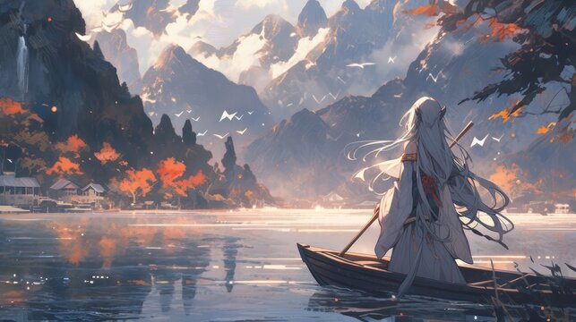 An Illustration of Chinese river with mountains background and a man with boat. Wide river anime scenery.