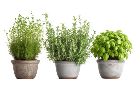 green herbs in pots on a transparent background