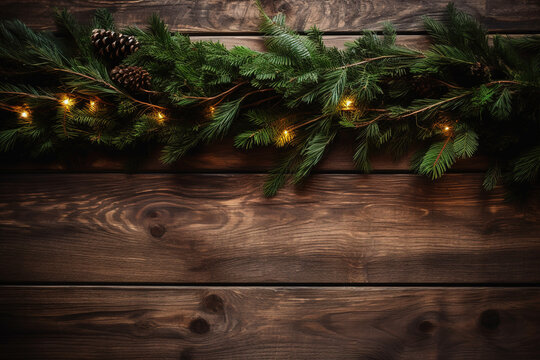 Horizontally Christmas decoration of fir branches with christmast lights on rustic wooden planks.