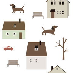 Vector seamless pattern with dachshund dogs and houses. - 638806646