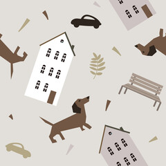 Vector seamless pattern with dachshund dogs and houses. - 638806647
