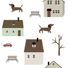 Vector seamless pattern with dachshund dogs and houses. - 638806660