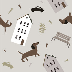 Vector seamless pattern with dachshund dogs and houses. - 638806670