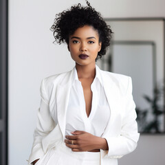 African-American business woman doing a photoshoot wearing classy white clothes