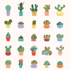 Set of cute cactuses. Flat illustration of kawaii smiling succulents in flower pots. Vector 10 EPS.
