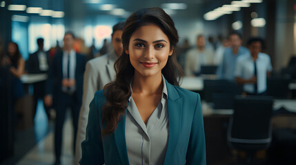 Fototapeta premium business woman and team. Angry , serious mood. modren office and tower view background. 