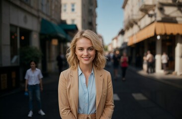 A cheerful businesswoman standing on a street with people walking by in the background