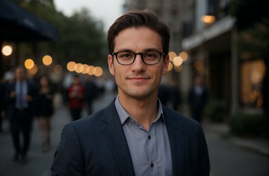 A Confident Start-up Founder Wearing Glasses Standing On A Street Corner In Front Of A Building With People Walking By On The Sidewalk