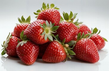 A pile of strawberries with green leaves on top of them on a white surface with a reflection on the surface