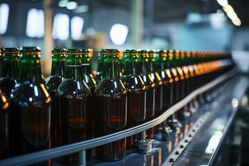 Selective focus on conveyors beer bottles, shallow DOF accentuates production line efficiency Generative AI