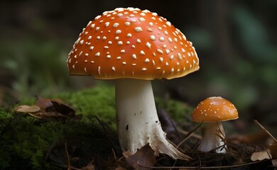 Poisonous wild mushroom Amanita muscaria in a forest
