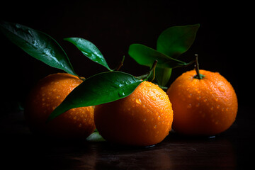 Three tangerines with green leaves on a dark background close-up