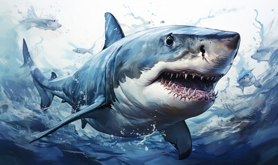 Naklejka premium Underwater world, close-up shark swims at depth.