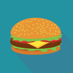 Hamburger with its bun with sesame seeds, salad leaves, sliced timates, chopped steak on a blue background with shadow in a flat design style