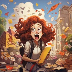 Girl, young woman, cartoon, animation, depicting the idea of a rush of tasks, confusion, ADHD, chaos, overwhelming responsibilities.