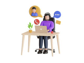 3d illustration of businessman listening to client via headset and answering customer calls in call center office. busy working in the office.
