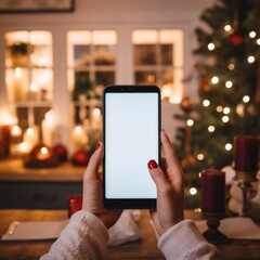 A modern phone, a smartphone, a blank screen, a shattered screen, an empty space for text, graphics, editorial content, Candles, cozy home, house, Christmas decorations