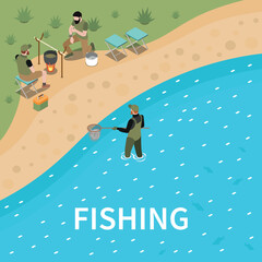 Fishing Fisherman Isometric Composition