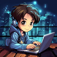 Illustration, Animation, Graphic: Smiling Boy Using Technology, Joy of Learning on Laptop, Computer, Child Listening to Music with Headphones, Happy Boy with Remote Learning, Youth and Technology