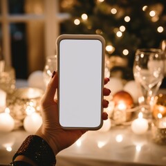 A modern phone, a smartphone, a blank screen, a shattered screen, an empty space for text, graphics, editorial content, Candles, cozy home, house, Christmas decorations