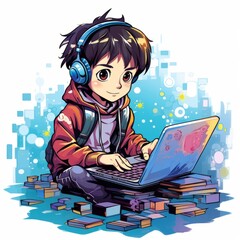 Illustration, Animation, Graphic: Boy Immersed in Social Media, Technology-Addicted Child, Boy Sitting with Laptop, Listening to Music with Headphones, Technology Dependency, Autism Spectrum Disorders