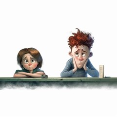 Sad Girl and Boy, Sorrowful Siblings Contemplating Their Future, Worried Children, Desperate Young People, Fearful of the Future, Illustration, Animation, Cartoon