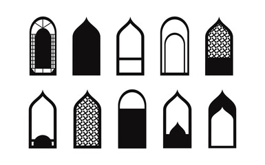 Set of black and white silhouettes of Islamic windows.Arab frame set.Ramadan kareem simbol icon.
