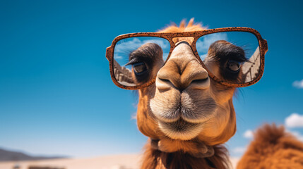 Fototapeta premium Funny camel with blue reflective lens sunglasses