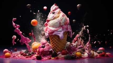 colorfull Melting ice cream cone on soft black background in studio. Ice cream Explosion. food photography