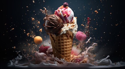 colorfull Melting ice cream cone on soft black background in studio. Ice cream Explosion. food...