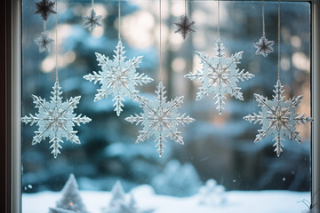 photo of sparkling snowflake decorations hanging from a window, capturing the delicate beauty of winter 